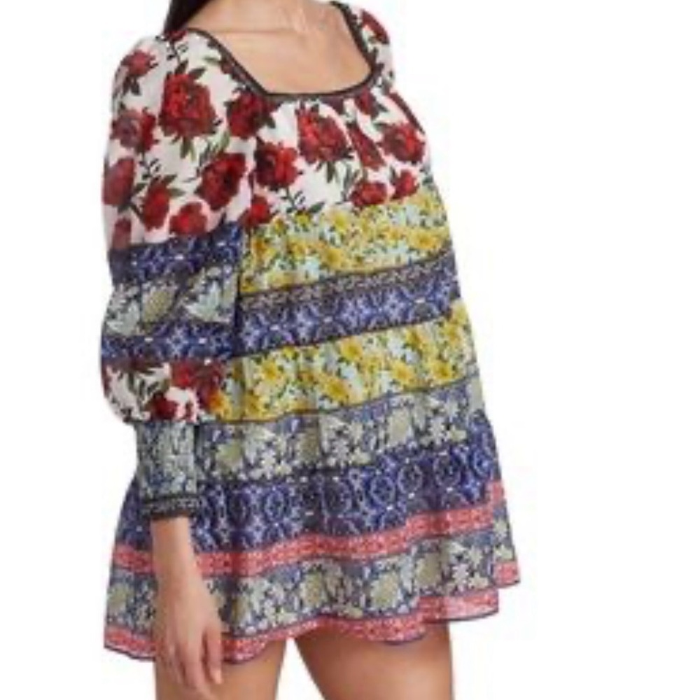Floral Tiered Puff-Sleeve Mini Dress - Red, Blue & Yellow - Picture 2 of 5